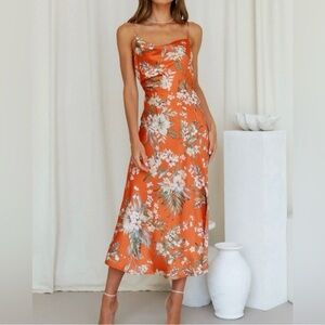 NWT Paper Heart Orange Tropical Floral Satin Slip Dress Size Medium Cowl Neck